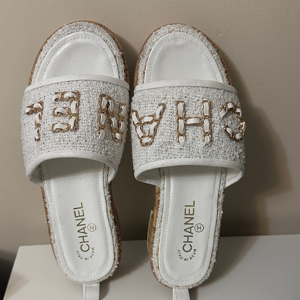CHANEL White and Gold Embellished Sandals